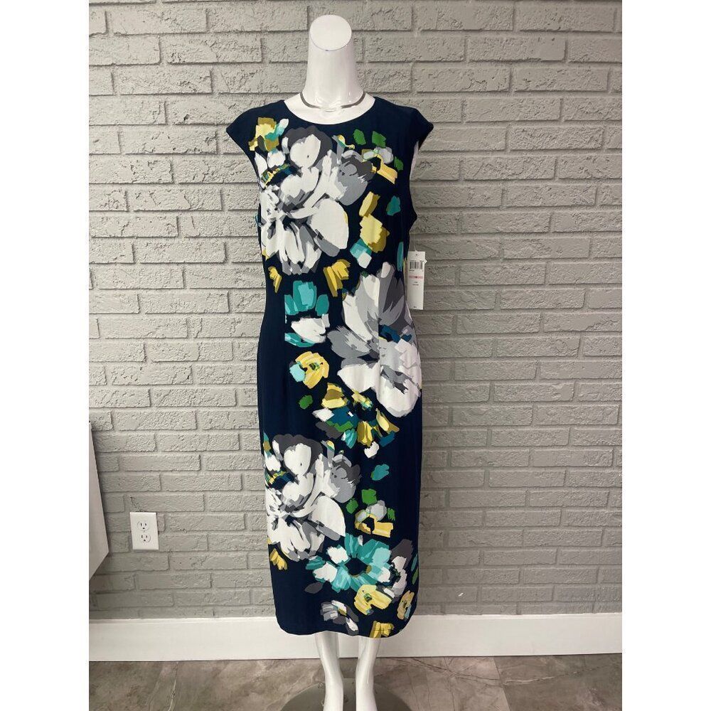 London Style Collection Women Navy Floral Sleeveless Midi Dress Size 10 NWT